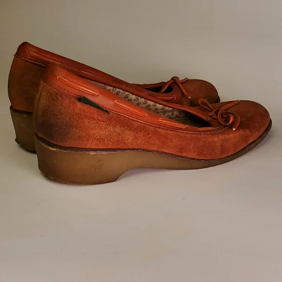 Indian Summer Vintage Orange Leather Suede Wedge Heels with Lacing - Picture 5 of 15